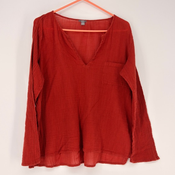 aerie Tops - Aerie Top Women Medium Red Cotton Gauze V-Neck Long Sleeve Boho Beachy Crinkle